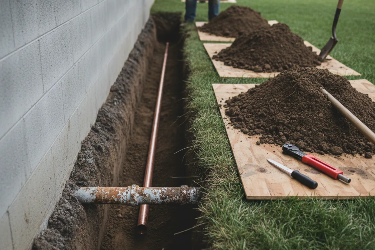 Excavated water line trench during Water Heater Repair in Leupp